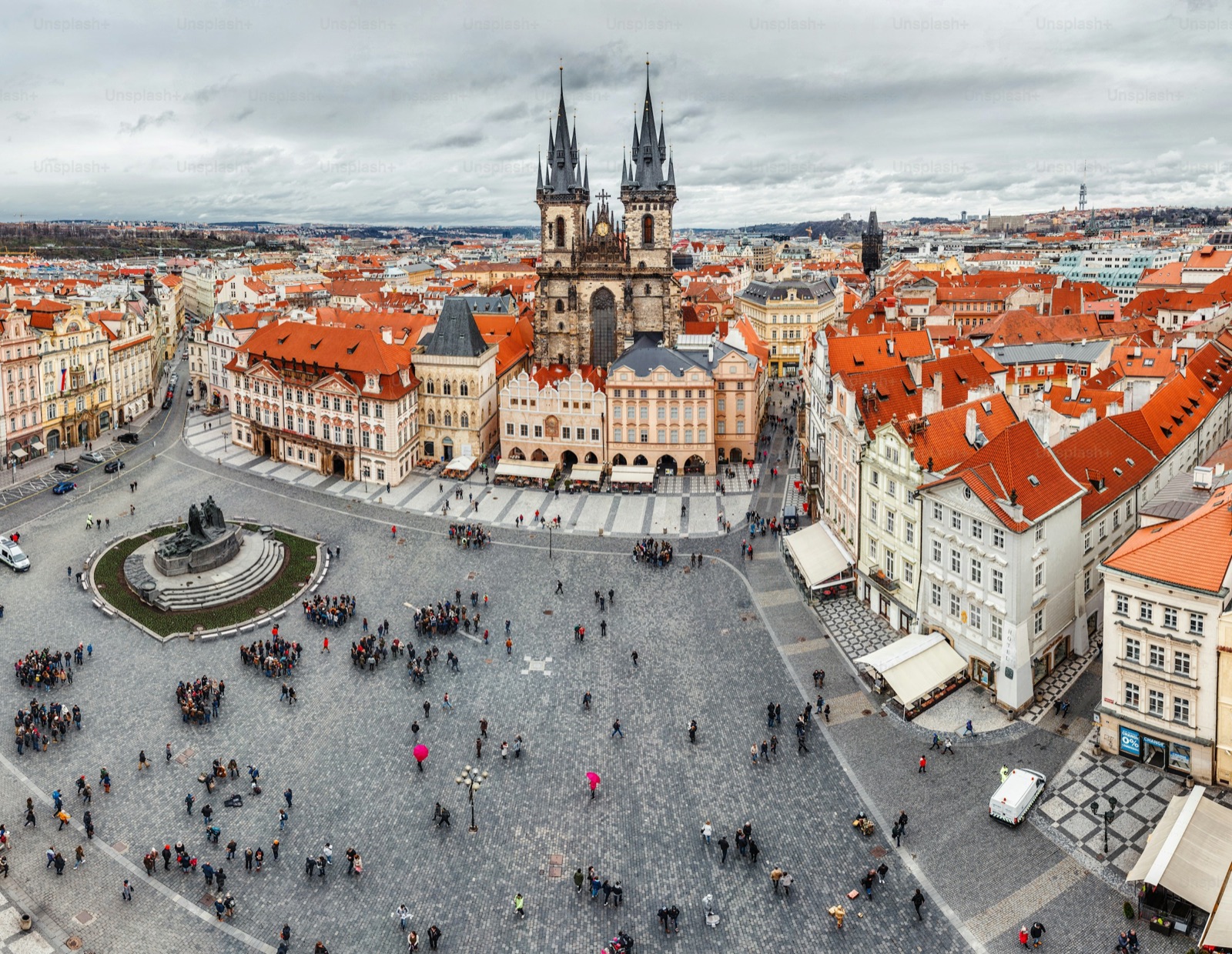 View over Old Town Square and the Týn Church - a few steps from Břehová 40/1